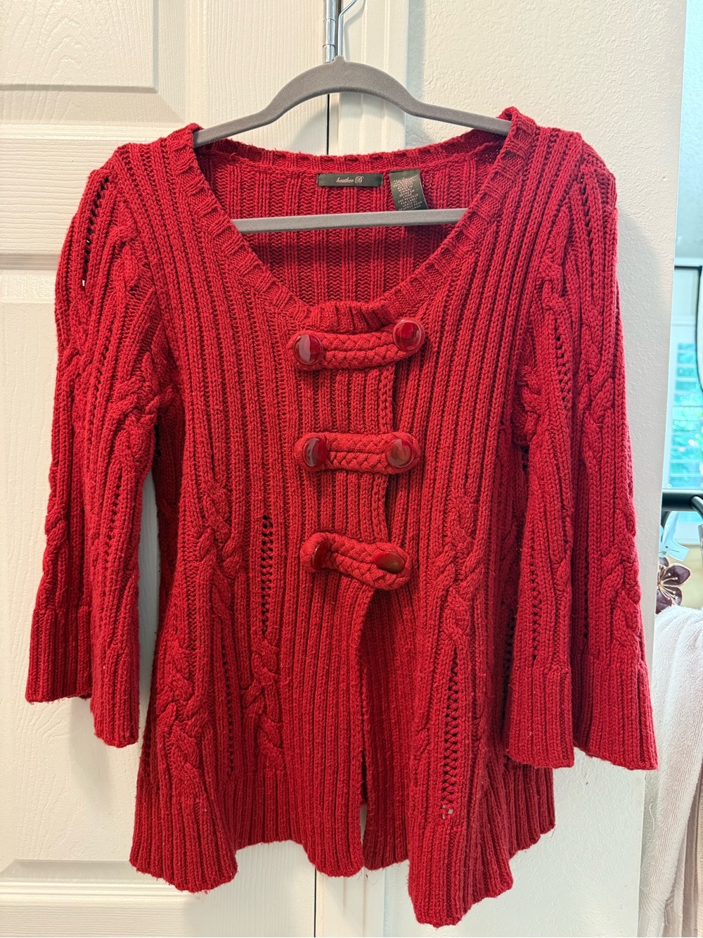 Women's Red Cable Toggle Cardigan Sweater